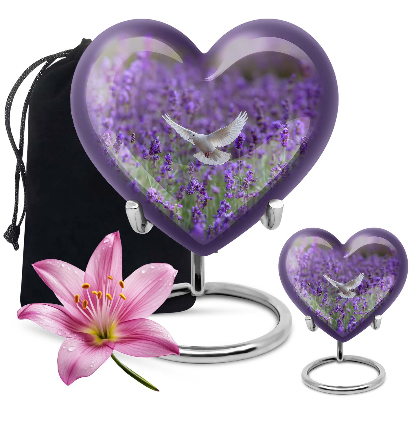 10-inch Large Heart Urn for ashes with white dove and butterfly theme, customizable name engraving