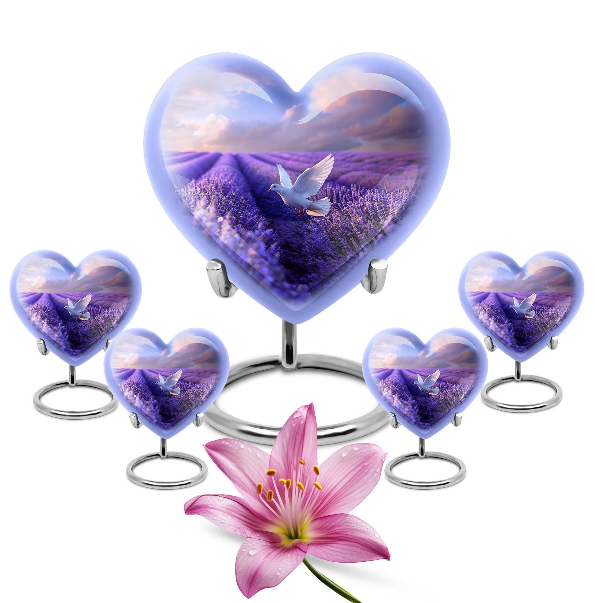 White Dove On Purple Theme Large Urn With 4 Keepsake Urn