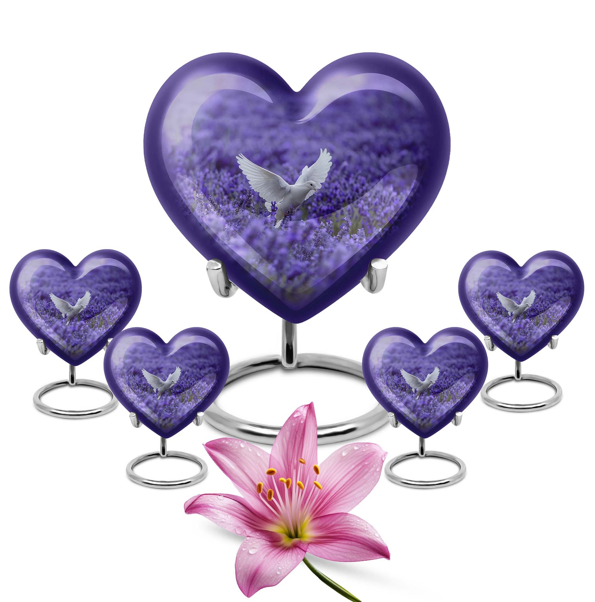White Dove On Purple Theme Large Urn With 4 Keepsake Urn