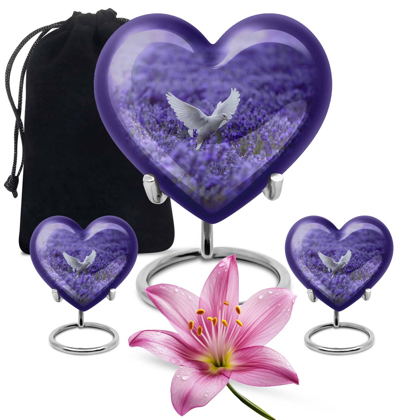 White Dove On Purple Theme Large Urn With 2 Keepsake Urn