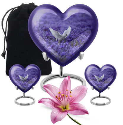 White Dove On Purple Theme Large Urn With 2 Keepsake Urn