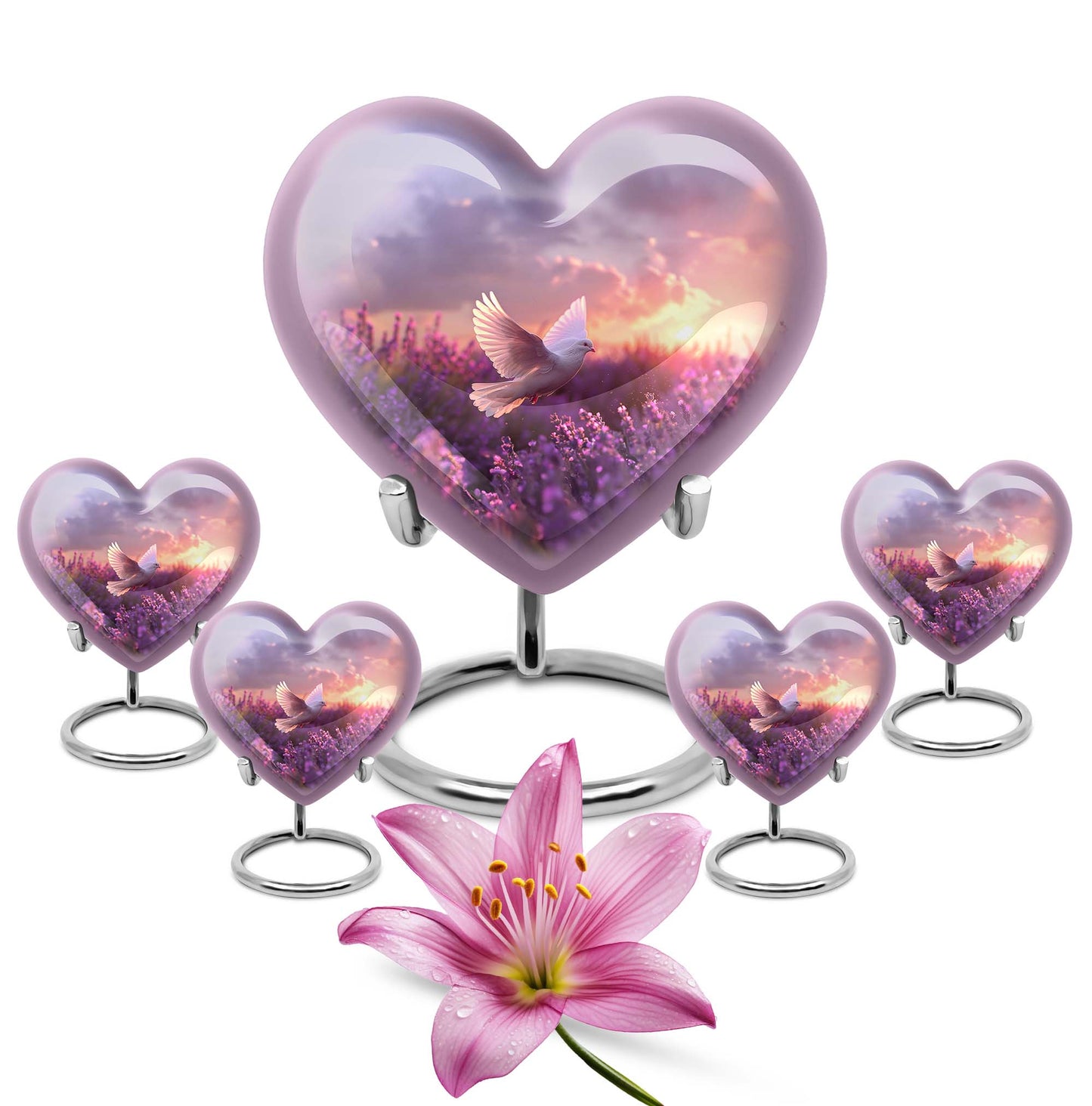 White Dove On Purple Theme Large Urn With 4 Keepsake Urn