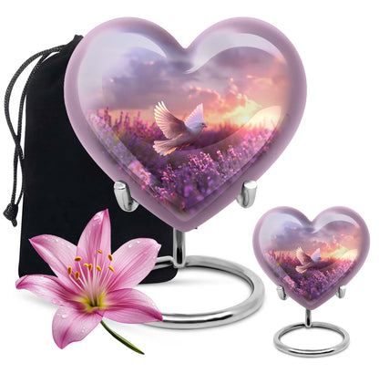 White Dove On Purple Theme Large Urn With 1 Keepsake Urn