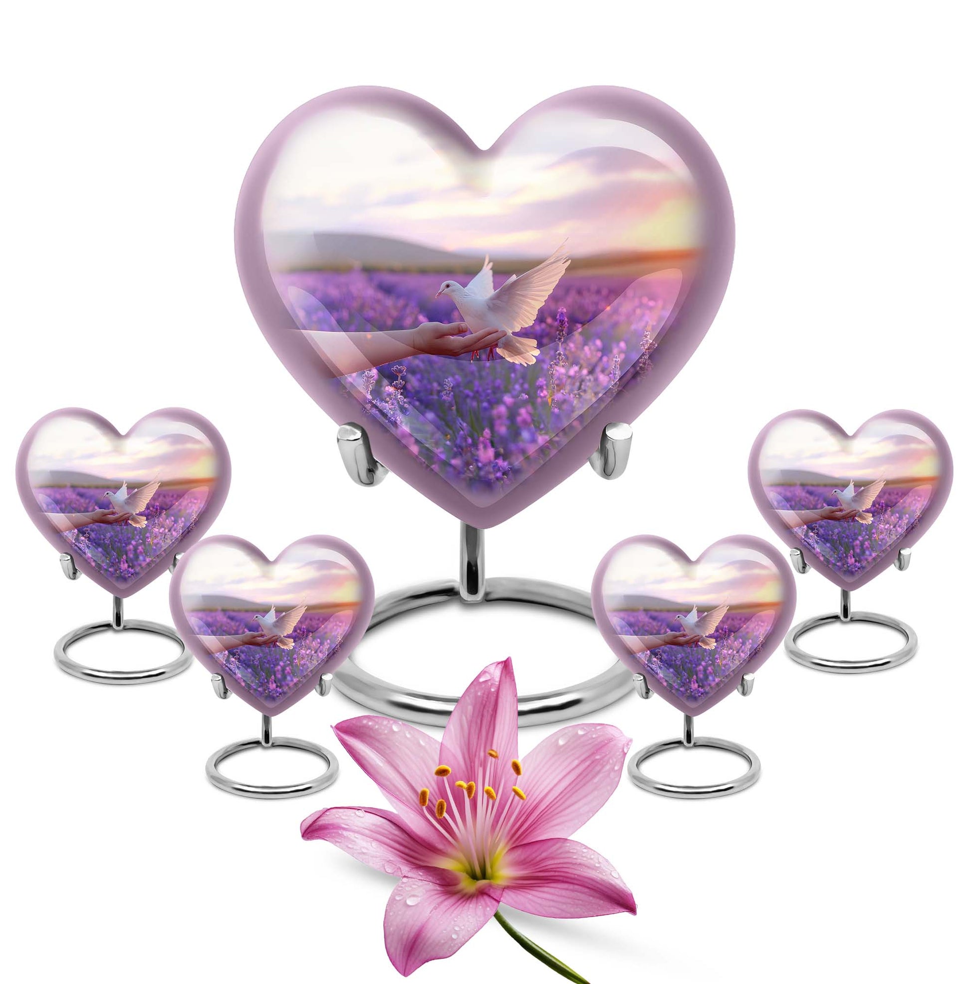 White Dove On Purple Theme Large Urn With 4 Keepsake Urn