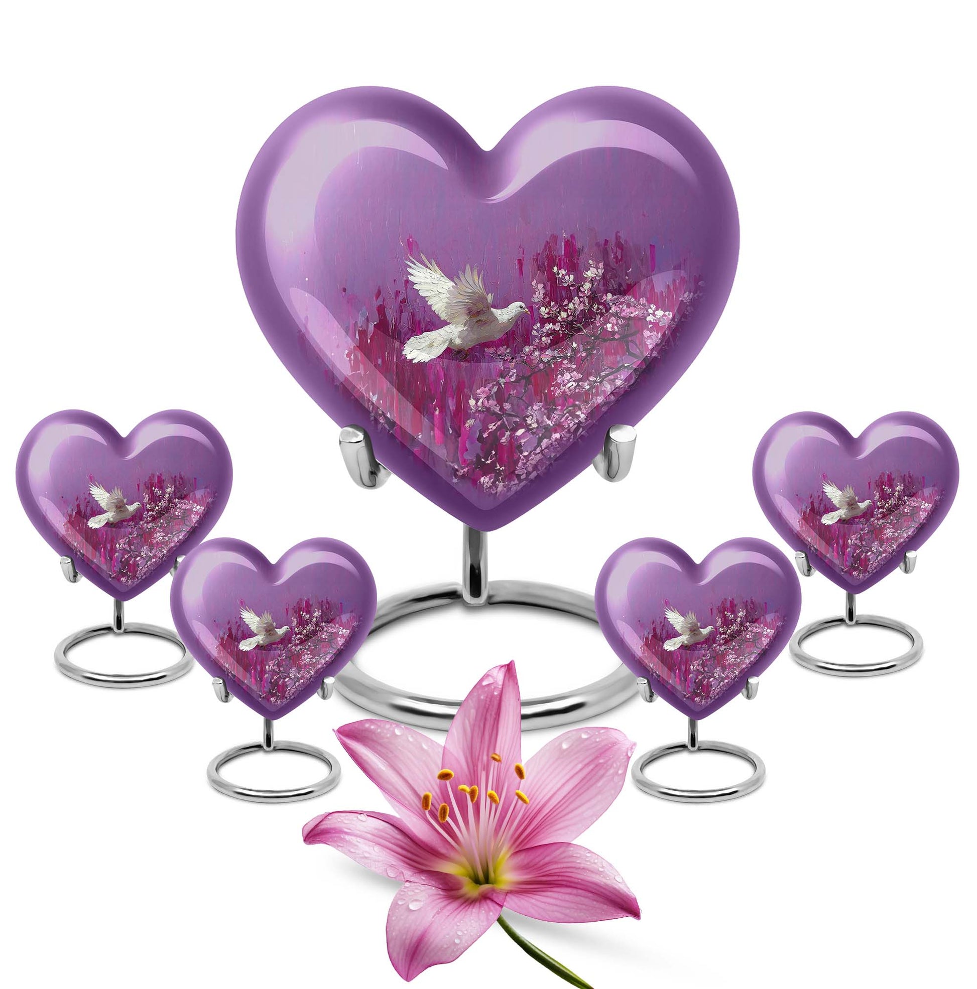 White Dove On Purple Theme Large Urn With 4 Keepsake Urn