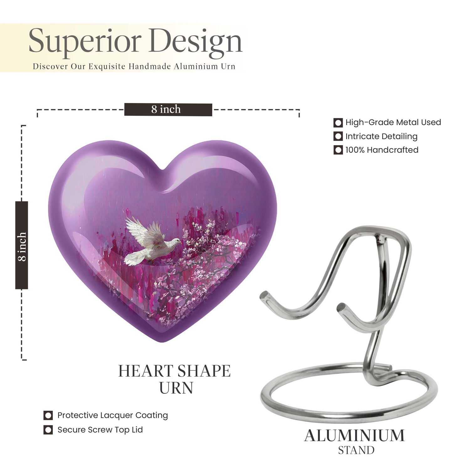 heart shaped memorial urn dove theme
