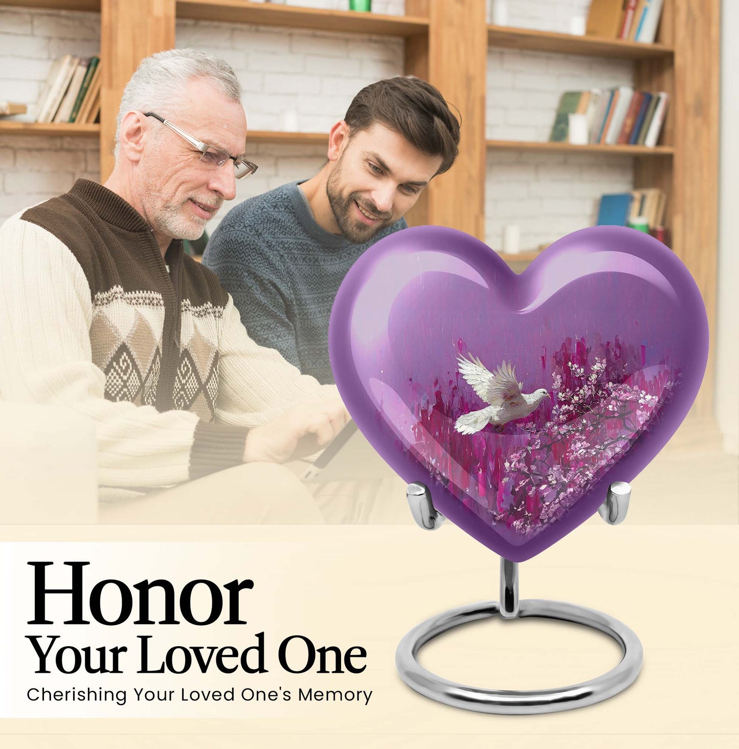 heart shaped memorial urn dove theme