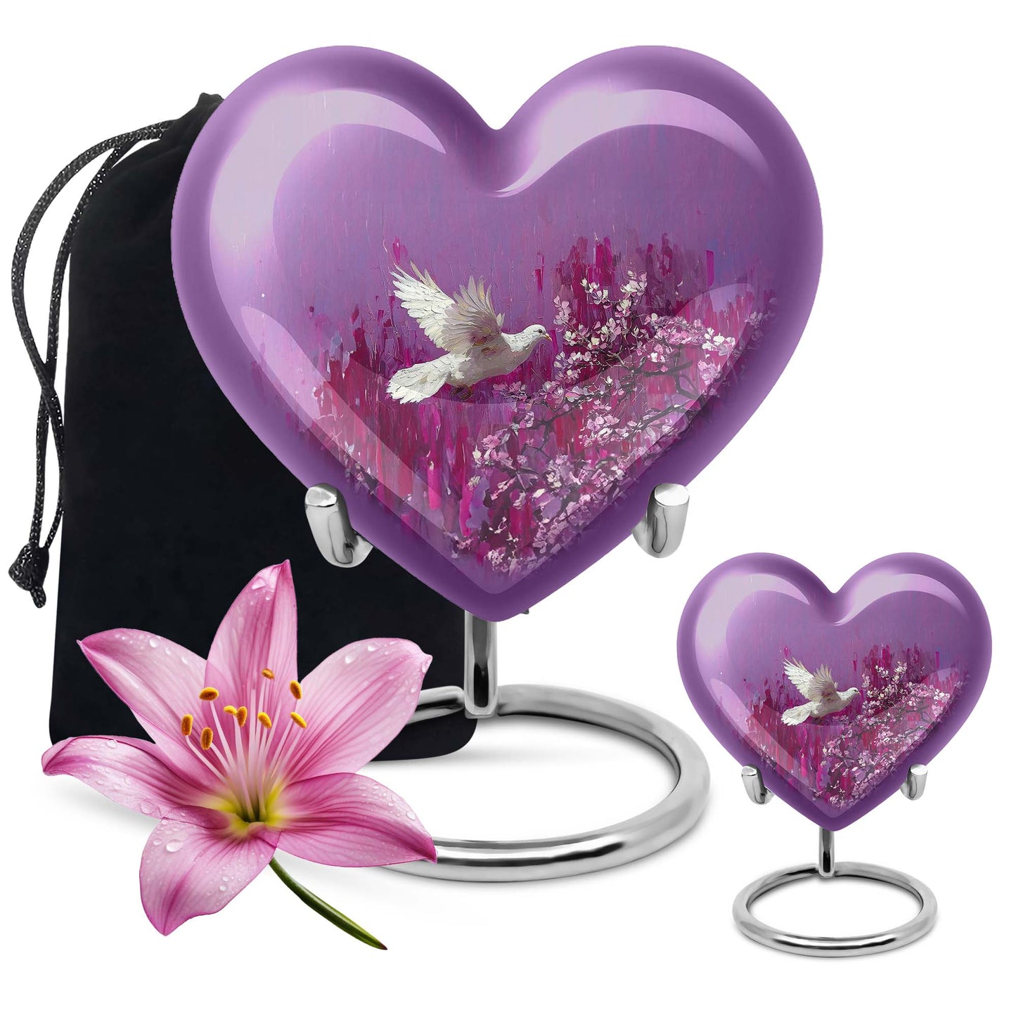 White Dove On Purple Theme Large Urn With 1 Keepsake Urn