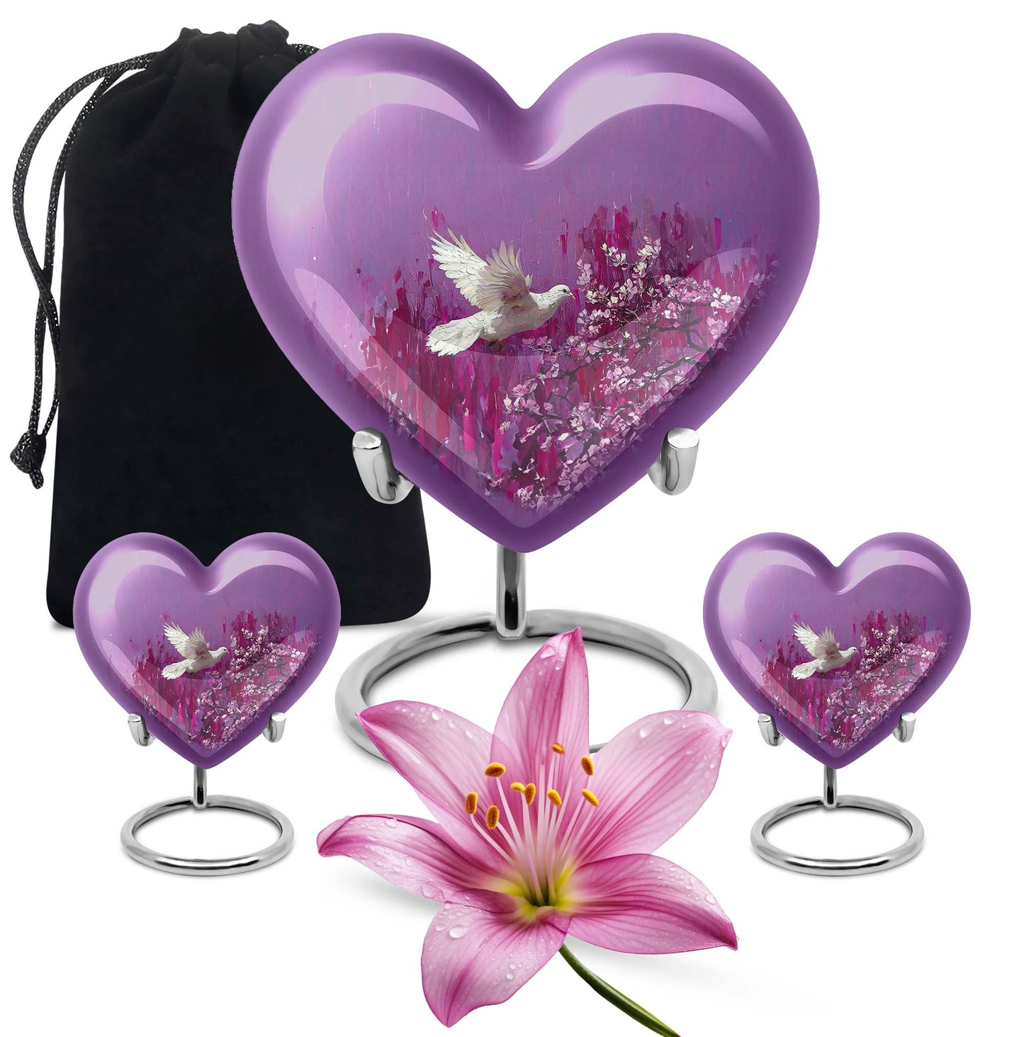 White Dove On Purple Theme Large Urn With 2 Keepsake Urn