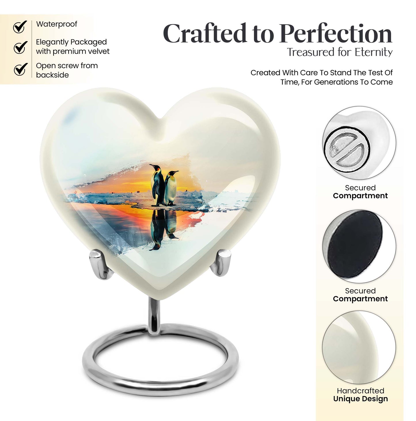 Penguin Urn, heart-shaped burial funeral urn
