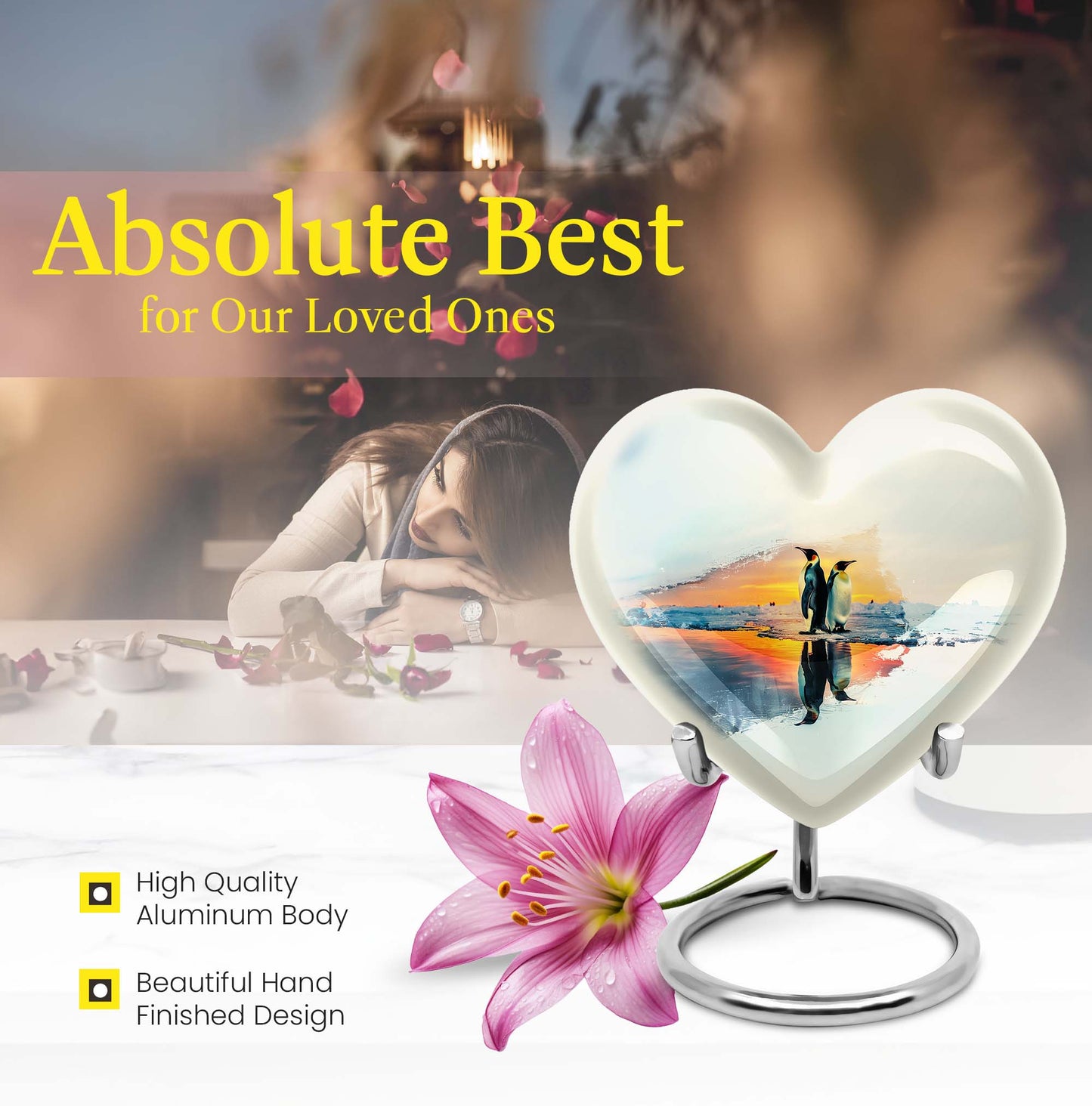 Penguin Urn, heart-shaped burial funeral urn