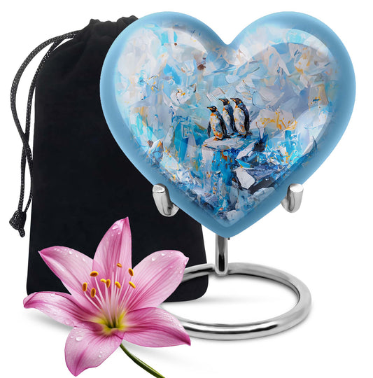 10-Inch Penguin Urn, heart-themed metal funeral urn 