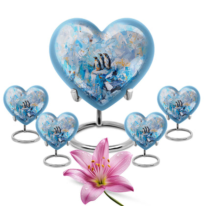 10-Inch Penguin Urn, heart-themed metal funeral urn 