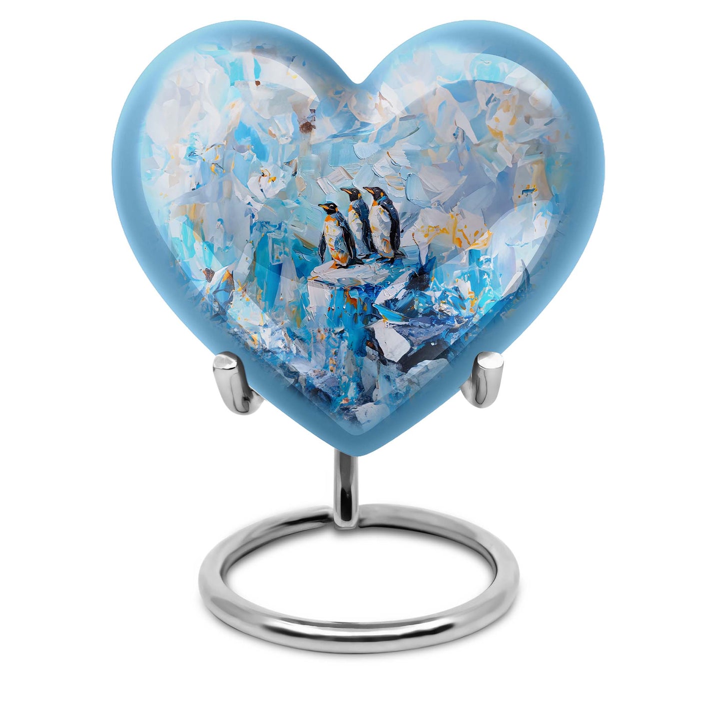 10-Inch Penguin Urn, heart-themed metal funeral urn 