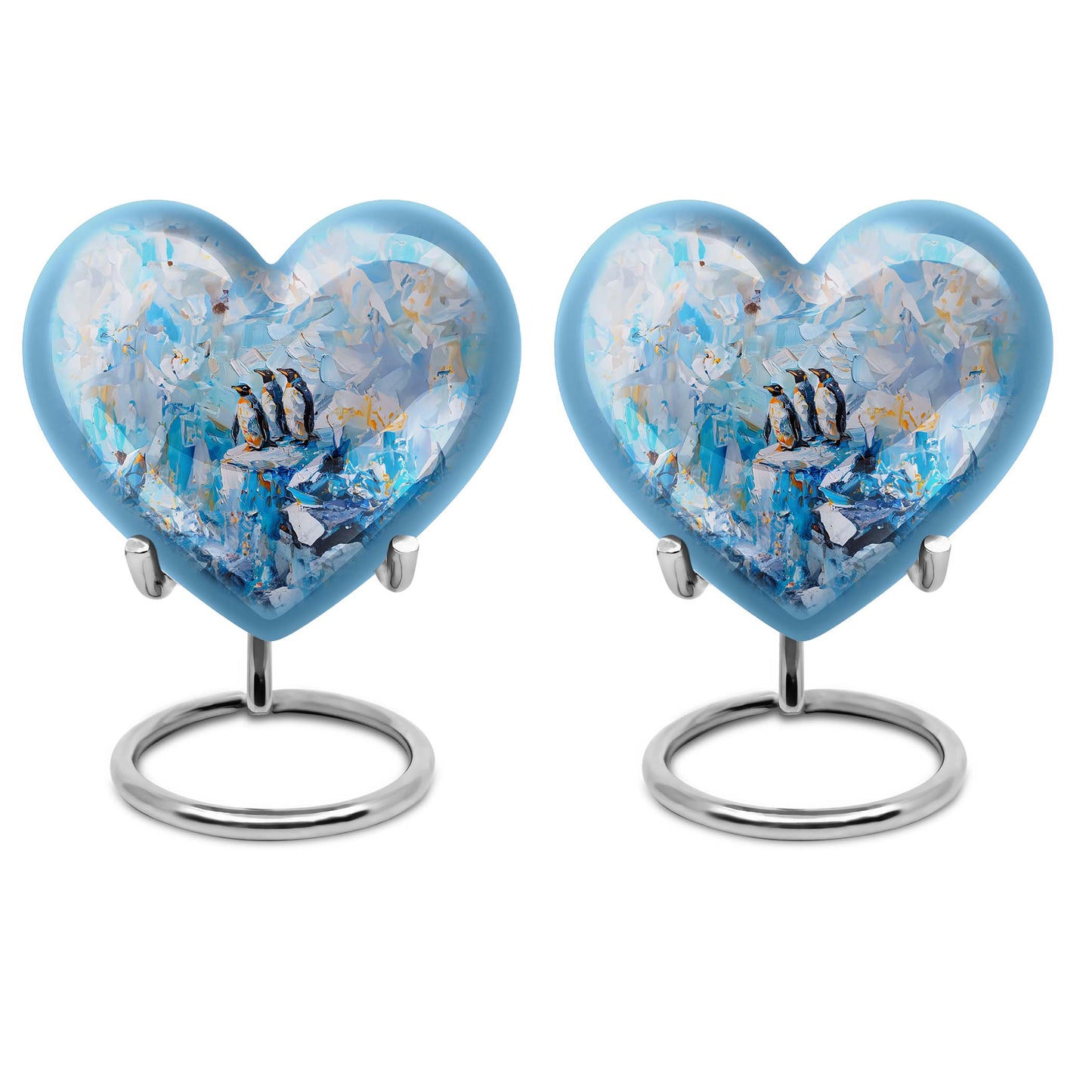 10-Inch Penguin Urn, heart-themed metal funeral urn 