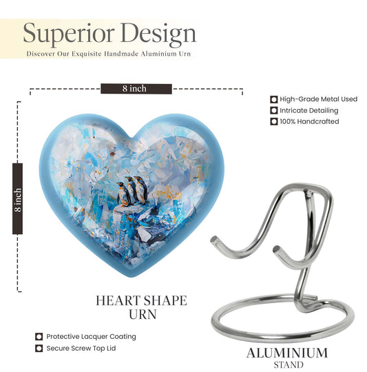 10-Inch Penguin Urn, heart-themed metal funeral urn 