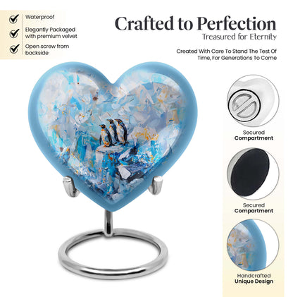 10-Inch Penguin Urn, heart-themed metal funeral urn 