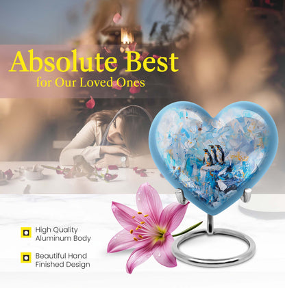 10-Inch Penguin Urn, heart-themed metal funeral urn 