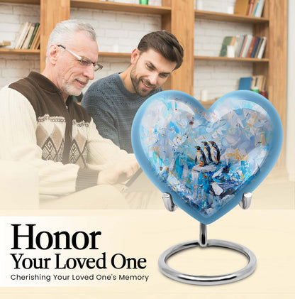 10-Inch Penguin Urn, heart-themed metal funeral urn 