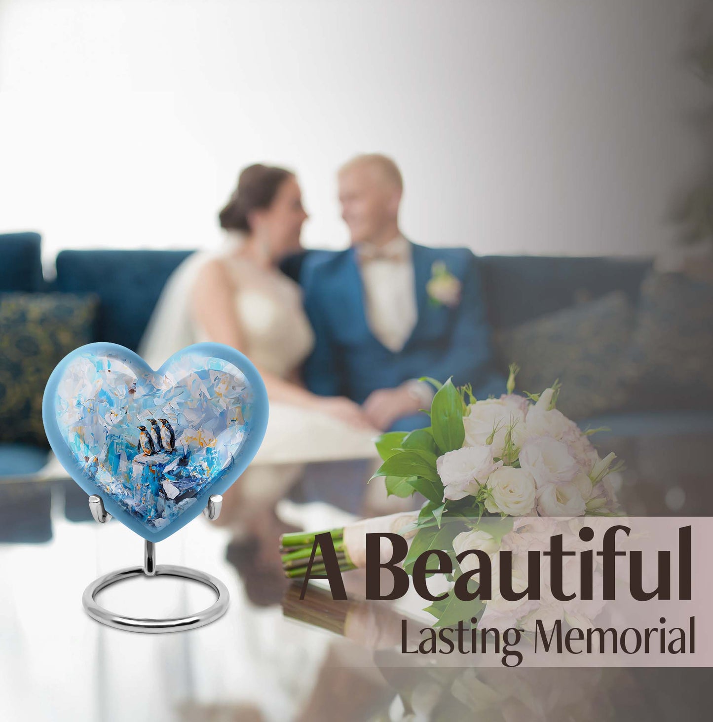 10-Inch Penguin Urn, heart-themed metal funeral urn 