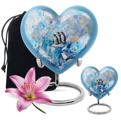 10-Inch Penguin Urn, heart-themed metal funeral urn 