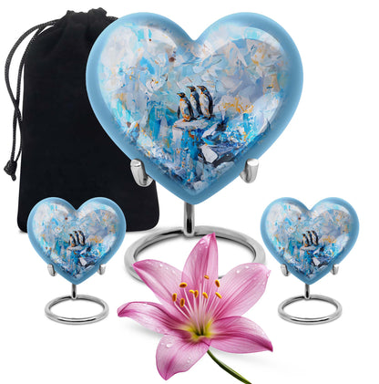 10-Inch Penguin Urn, heart-themed metal funeral urn 