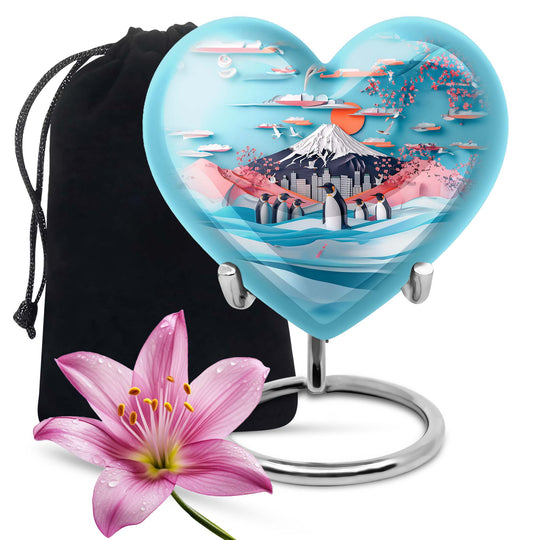 Heart-shaped Penguin Urn, cremation urn, butterfly themed with personalized engraving