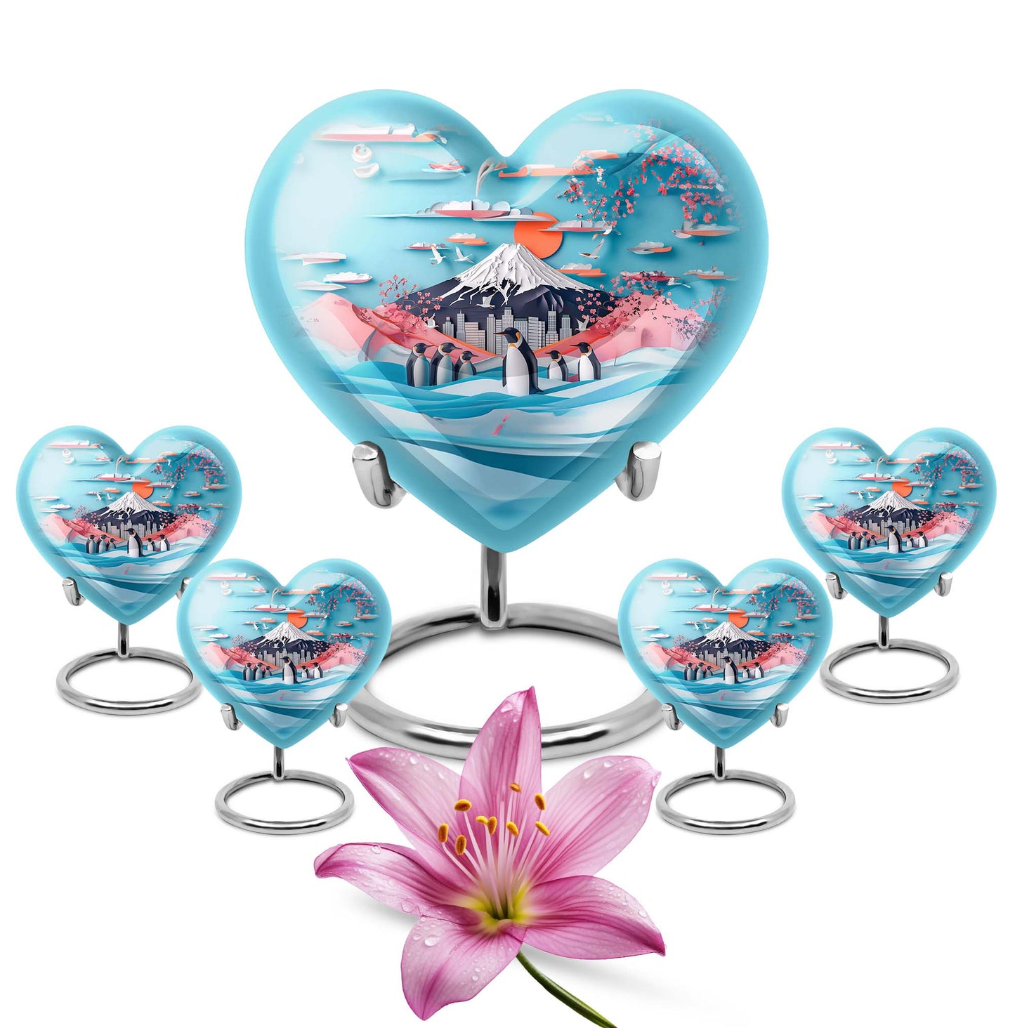 Heart-shaped Penguin Urn, cremation urn, butterfly themed with personalized engraving