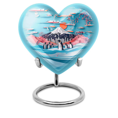 Heart-shaped Penguin Urn, cremation urn, butterfly themed with personalized engraving