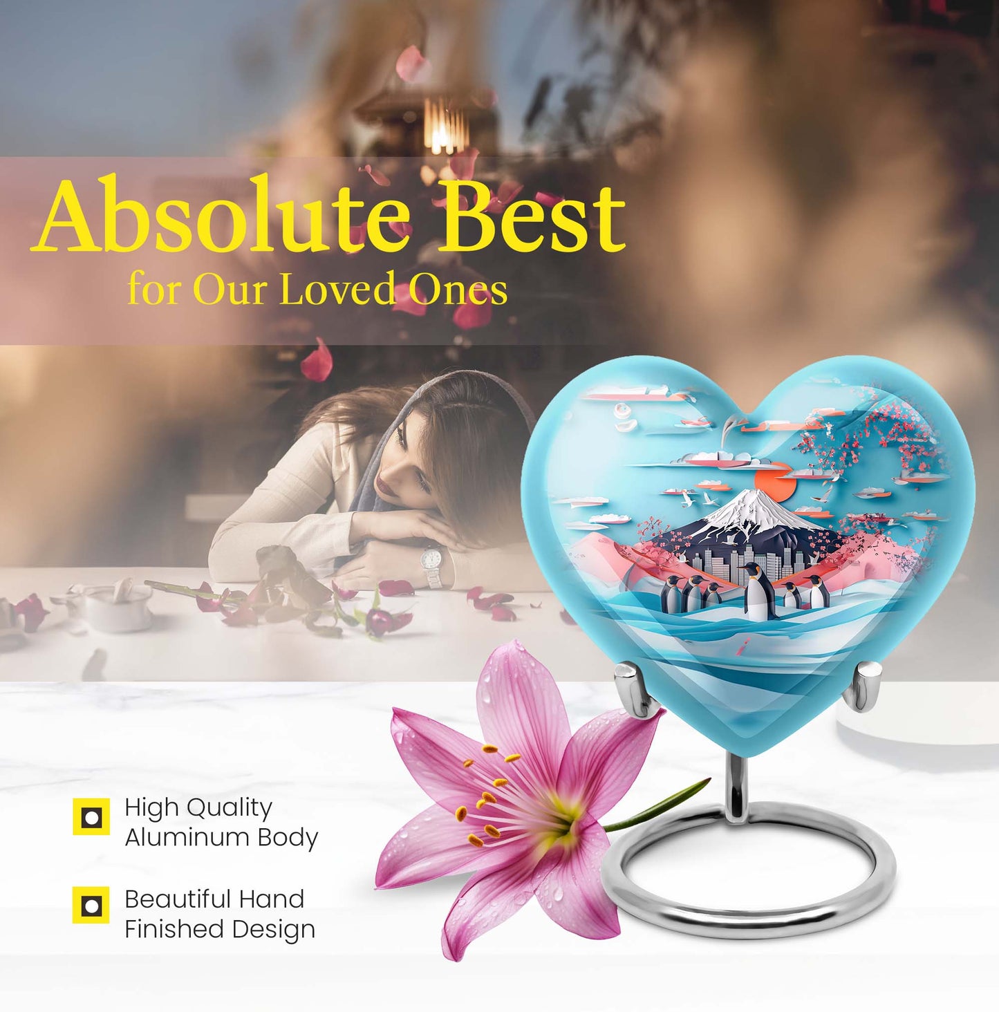 Heart-shaped Penguin Urn, cremation urn, butterfly themed with personalized engraving