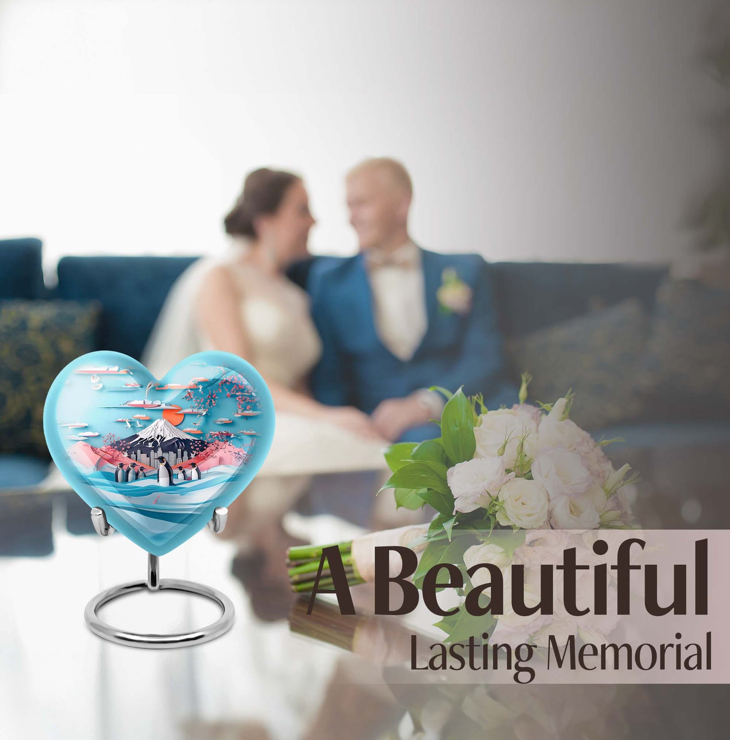 Heart-shaped Penguin Urn, cremation urn, butterfly themed with personalized engraving
