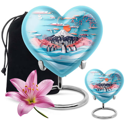 Heart-shaped Penguin Urn, cremation urn, butterfly themed with personalized engraving