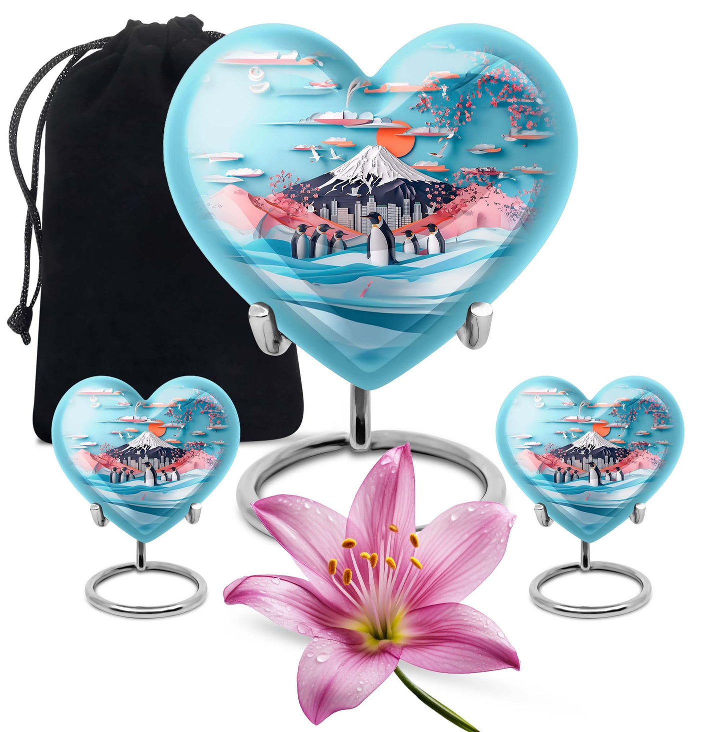 Heart-shaped Penguin Urn, cremation urn, butterfly themed with personalized engraving