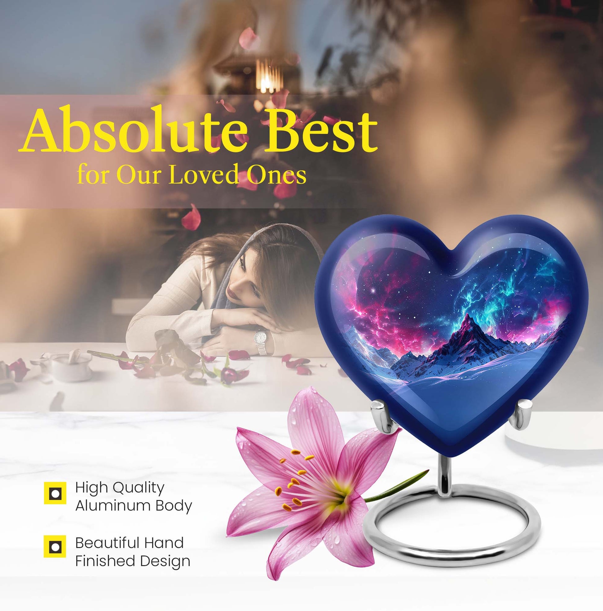 Northern Lights heart urn with butterfly theme