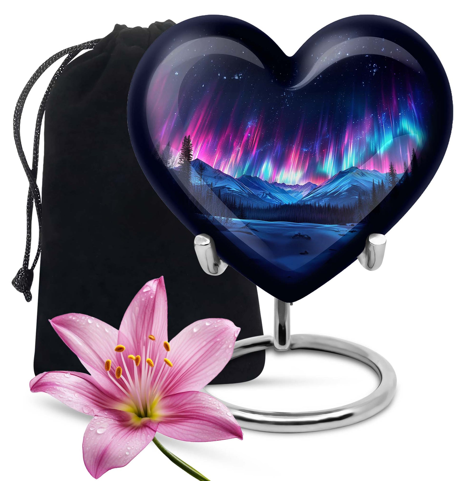 Northern Lights themed heart-shaped funeral urn