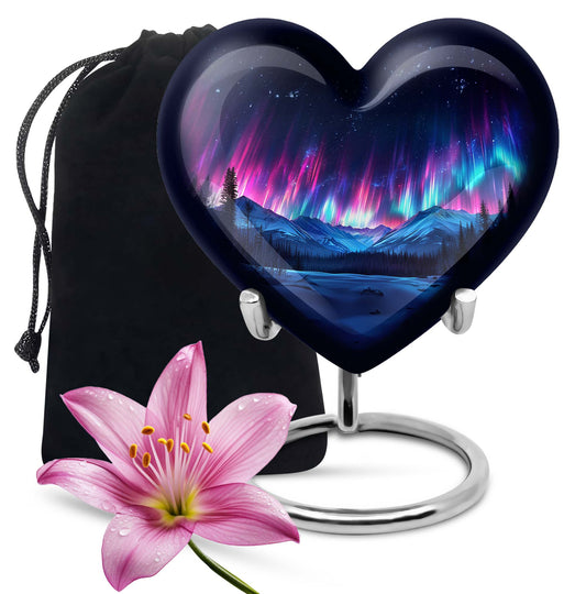 Northern Lights themed heart-shaped funeral urn