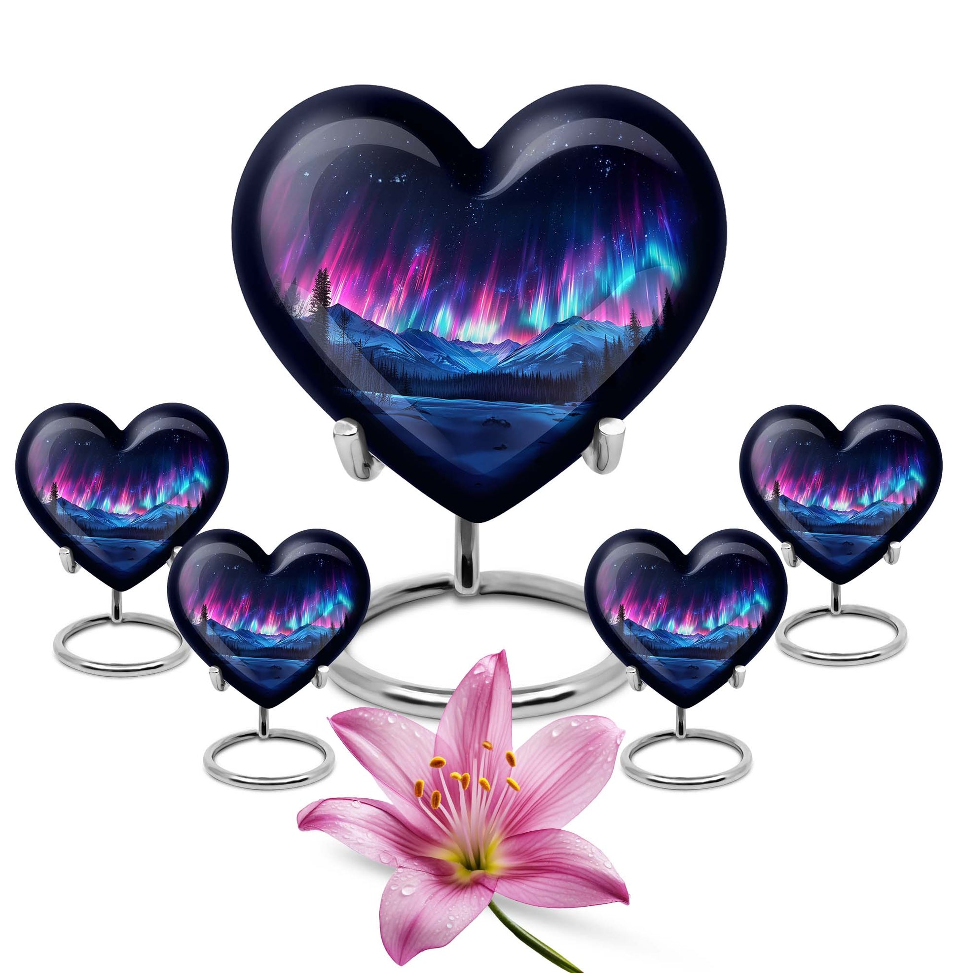 Northern Lights themed heart-shaped funeral urn