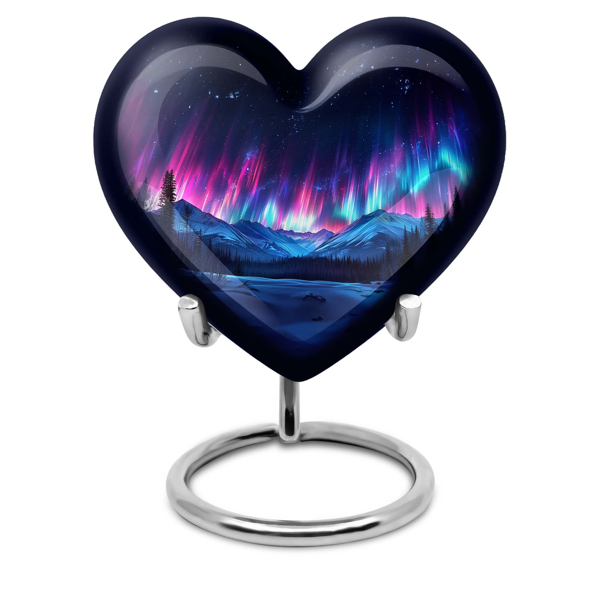 Northern Lights themed heart-shaped funeral urn