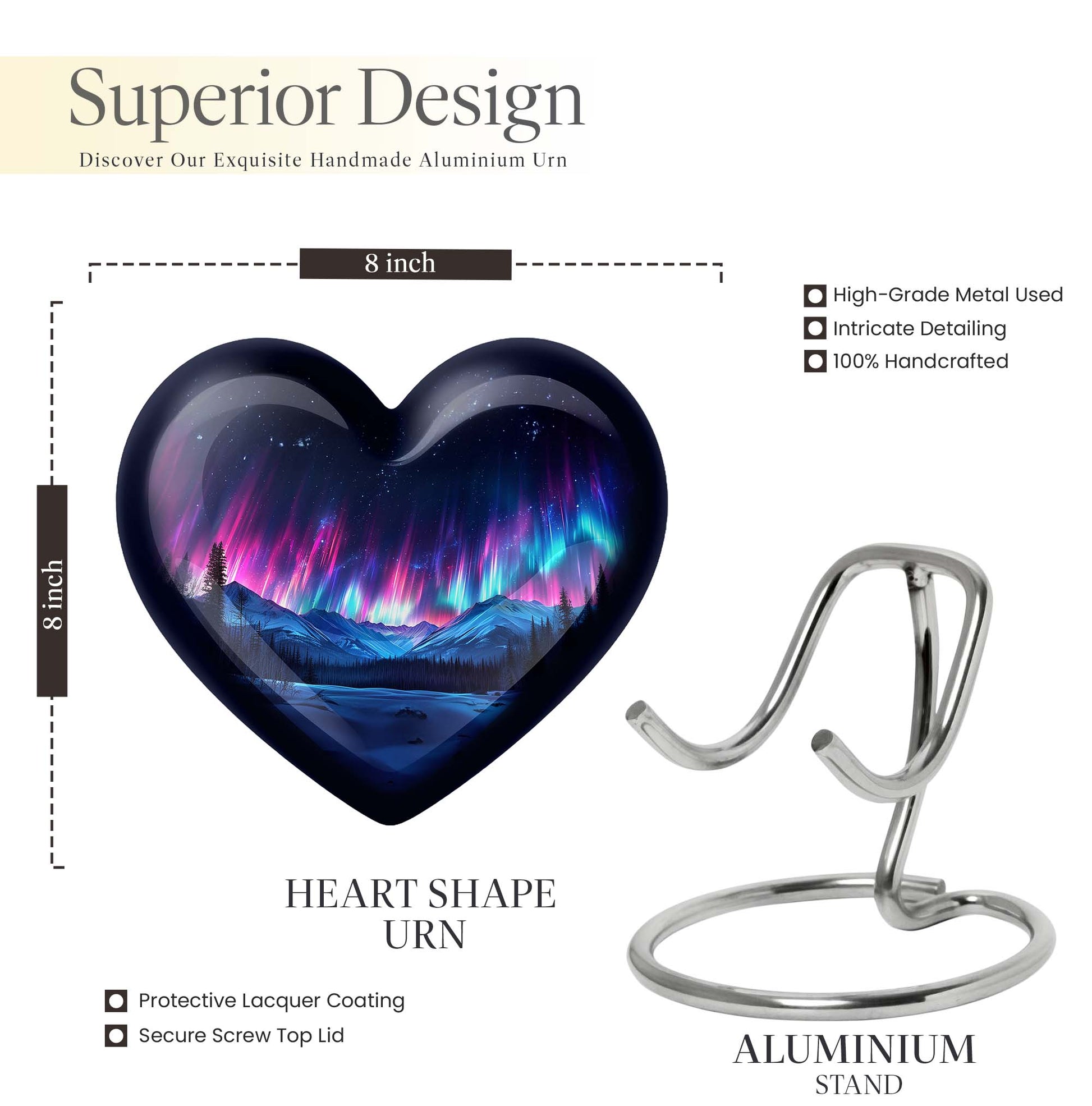 Northern Lights themed heart-shaped funeral urn