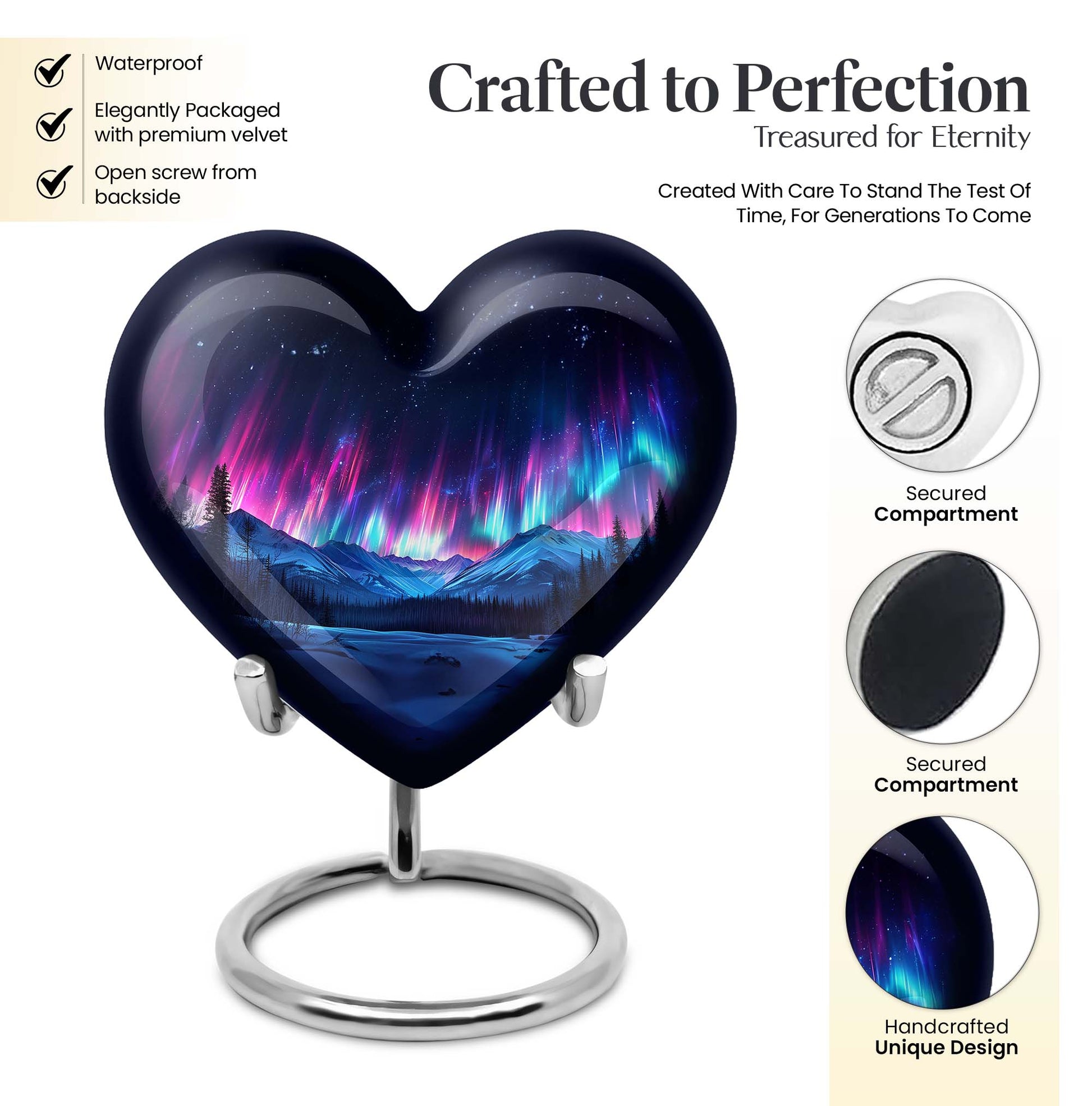 Northern Lights themed heart-shaped funeral urn