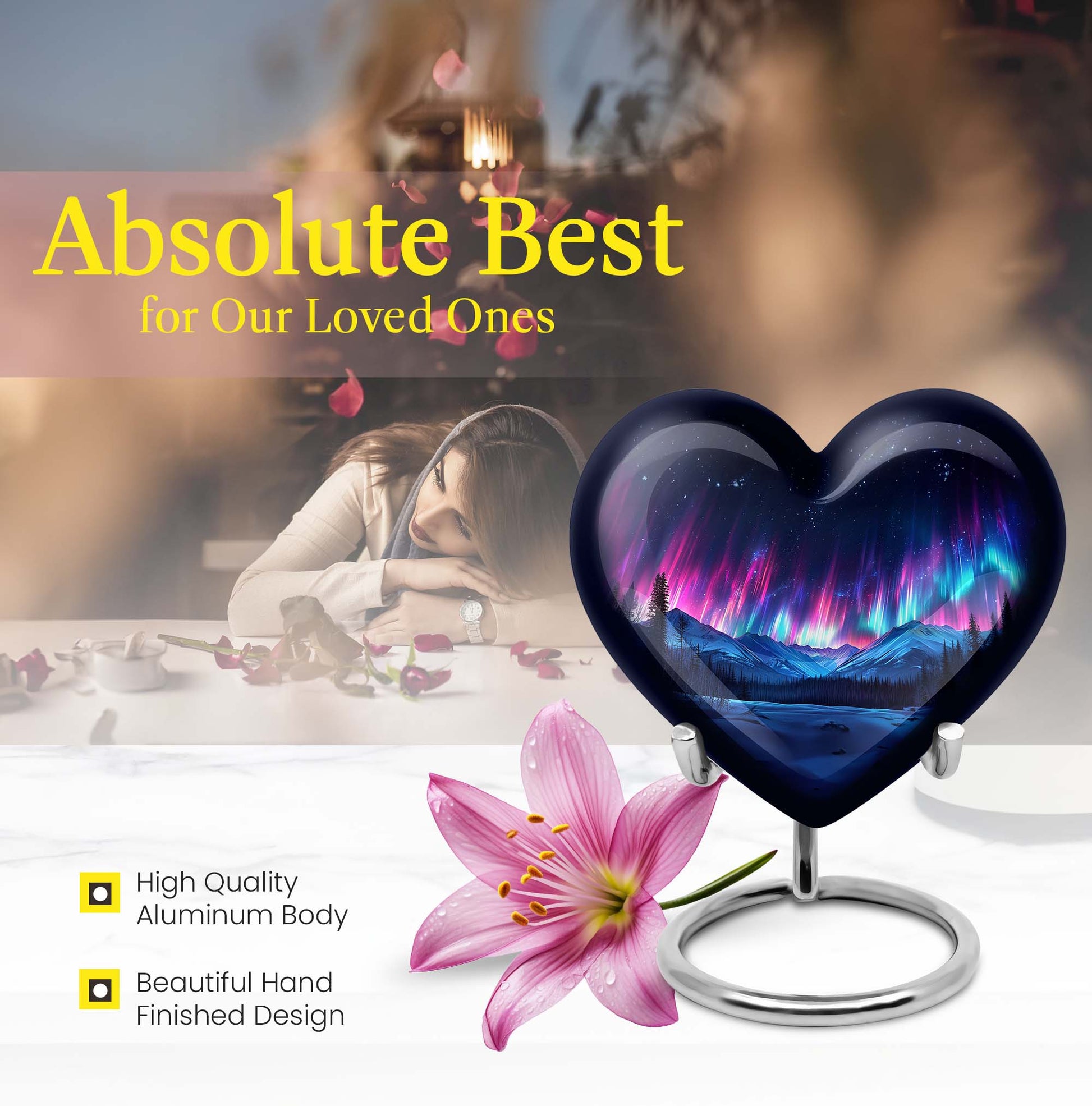 Northern Lights themed heart-shaped funeral urn