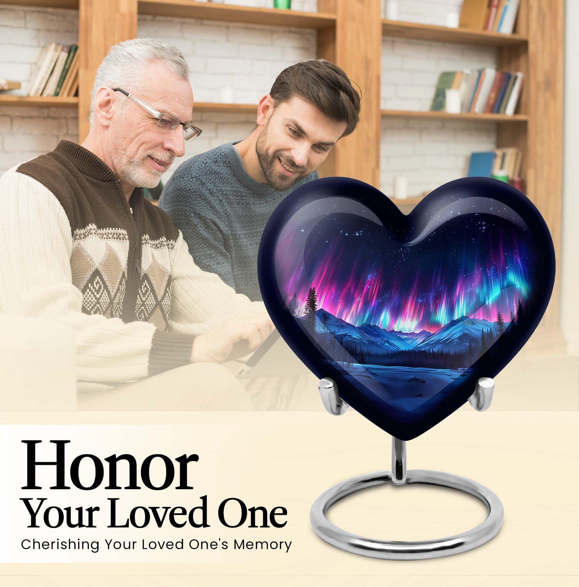 Northern Lights themed heart-shaped funeral urn