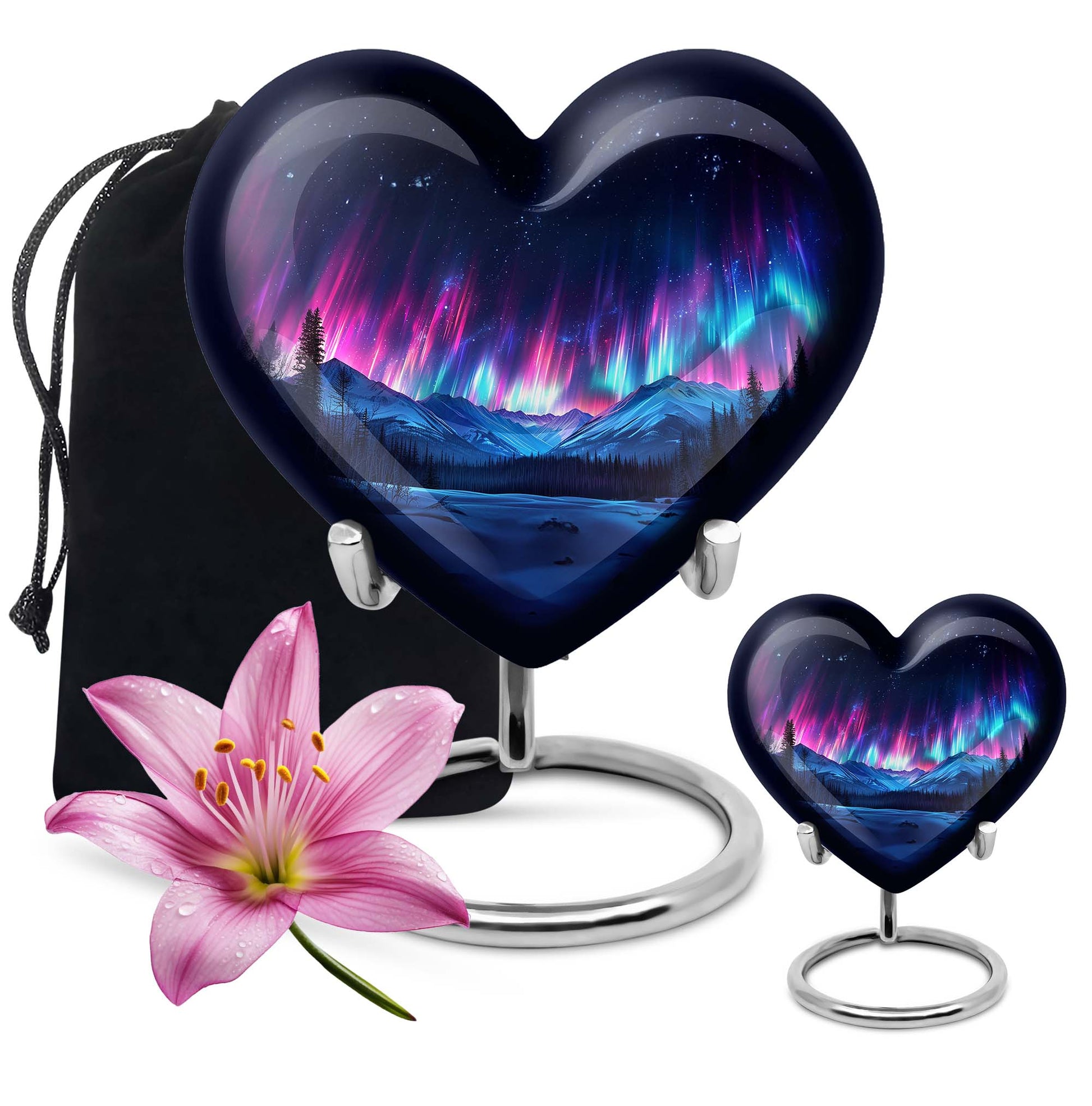 Northern Lights themed heart-shaped funeral urn