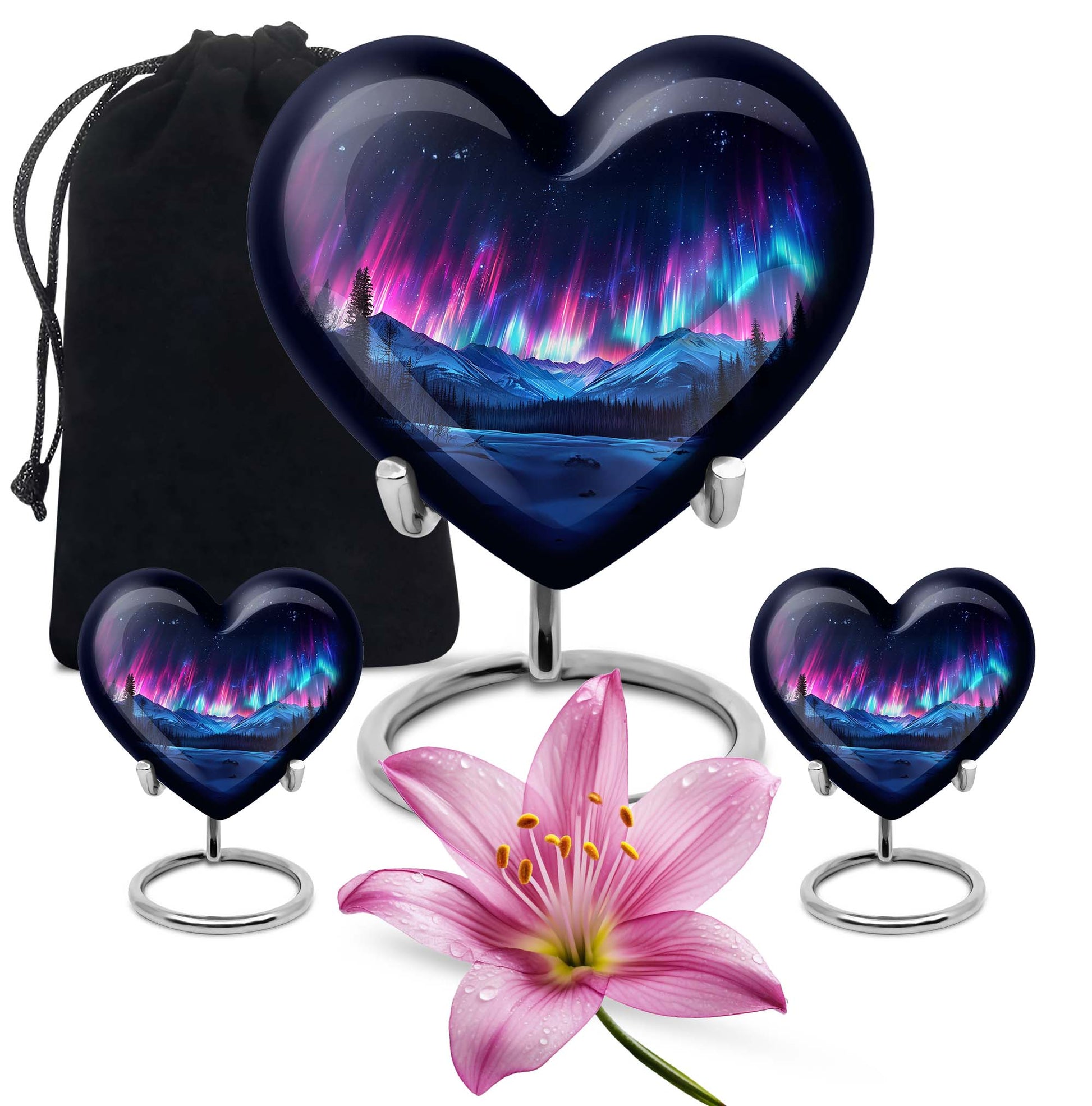 Northern Lights themed heart-shaped funeral urn