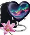 10 Inch heart-shaped Northern Lights themed funeral urn, customizable with engraved names, made of Aluminium, embodies a butterfly and comes with velvet pouch.