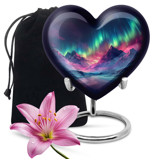 10 Inch heart-shaped Northern Lights themed funeral urn, customizable with engraved names, made of Aluminium, embodies a butterfly and comes with velvet pouch.
