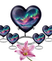 10 Inch heart-shaped Northern Lights themed funeral urn, customizable with engraved names, made of Aluminium, embodies a butterfly and comes with velvet pouch.