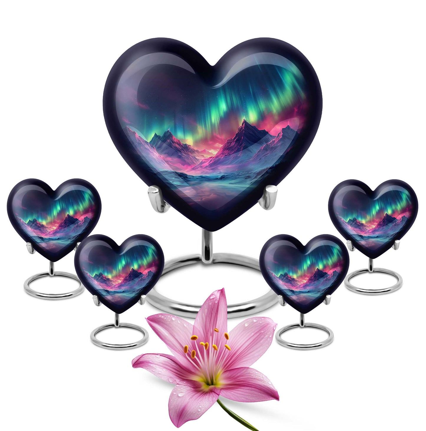 10 Inch heart-shaped Northern Lights themed funeral urn, customizable with engraved names, made of Aluminium, embodies a butterfly and comes with velvet pouch.
