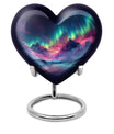10 Inch heart-shaped Northern Lights themed funeral urn, customizable with engraved names, made of Aluminium, embodies a butterfly and comes with velvet pouch.