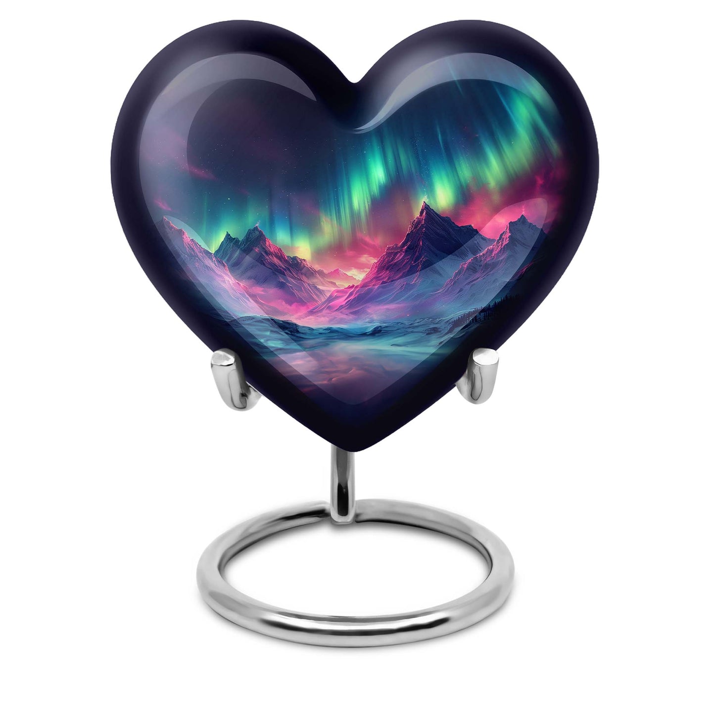 10 Inch heart-shaped Northern Lights themed funeral urn, customizable with engraved names, made of Aluminium, embodies a butterfly and comes with velvet pouch.